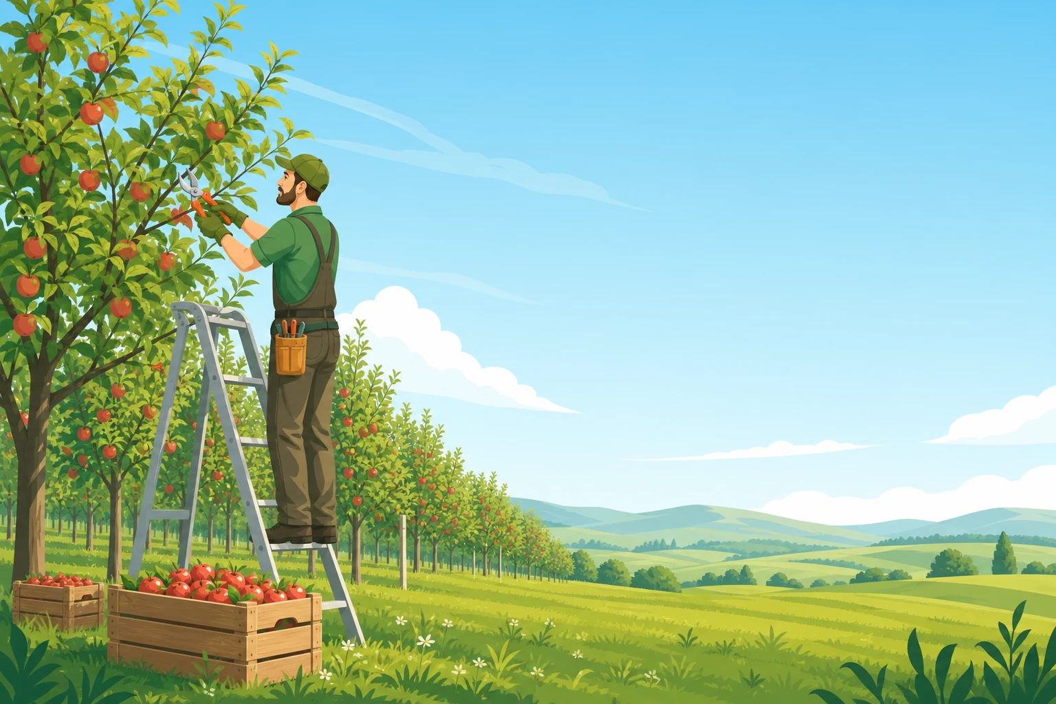 Illustration d'un arboriculteur dans un verger