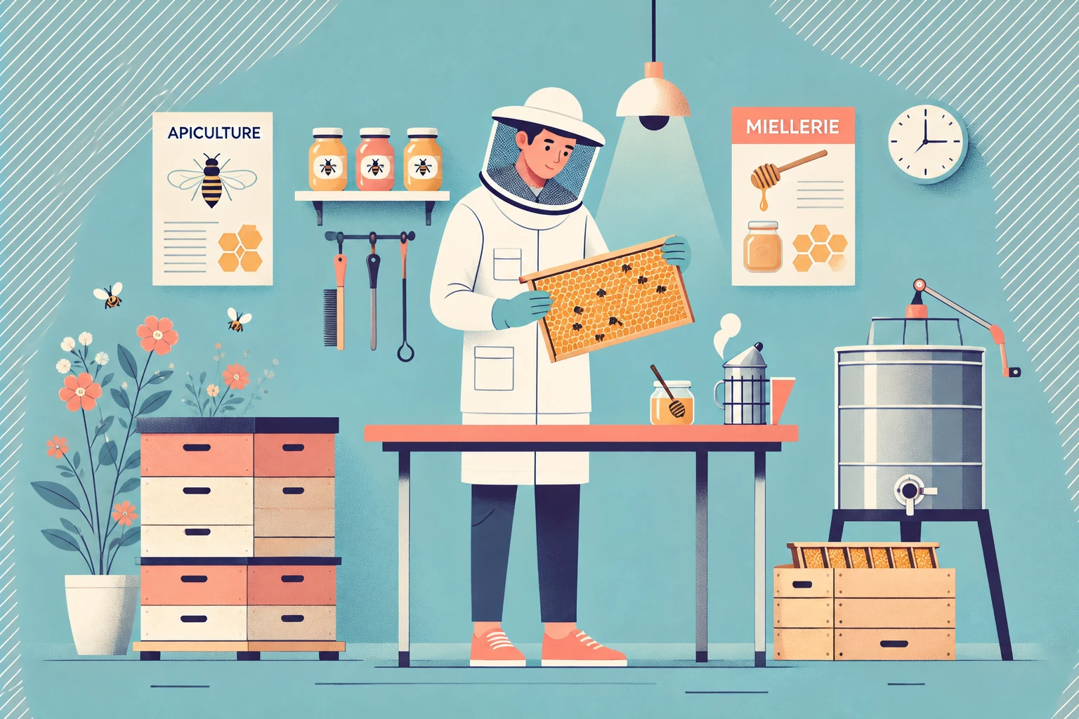 Illustration d'apiculteur au rucher, style plat moderne comme la charte exemple de CV