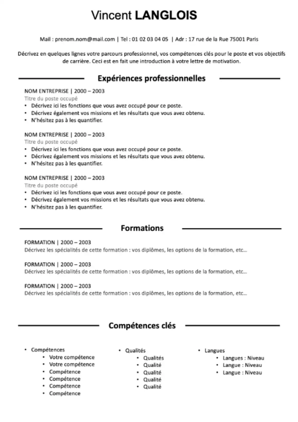 Modèle de CV à Imprimer