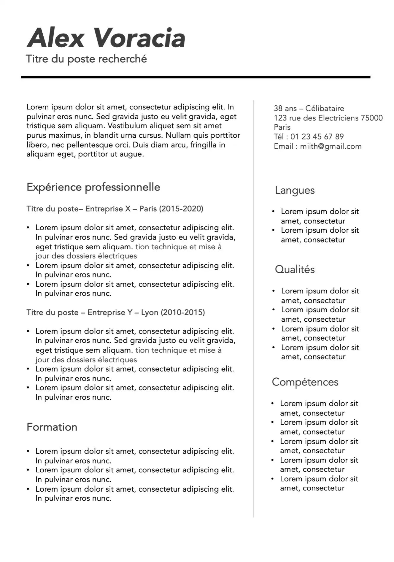 Modèle de CV à remplir